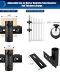 Adjustable Deck Umbrella Base Clamp For Railings And Fences, fits 1.25 to 1.9 inch poles, 2.6 to 5.5 inch rail, black iron clamp
