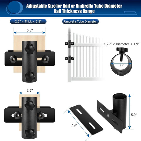 Adjustable Deck Umbrella Base Clamp For Railings And Fences, fits 1.25 to 1.9 inch poles, 2.6 to 5.5 inch rail, black iron clamp