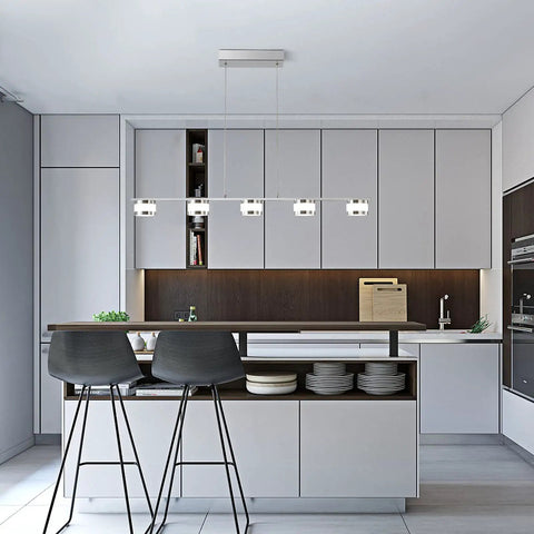 5 Light LED Pendant Chandelier for Kitchen Island, Dimmable Modern Fixture in Brushed Nickel highlighting a sleek kitchen