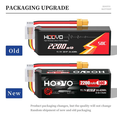 Packaging comparison of Beefy 3S 11.1V 2200mAh 50C LiPo Battery With XT60 Connector for RC models, showing old and new design