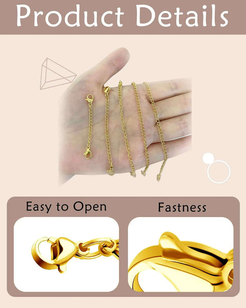 Hand displaying 10 Piece Necklace Extender Set With 5 Lengths 2 3 4 5 6 Inches In Gold And Silver Plated Stainless Steel