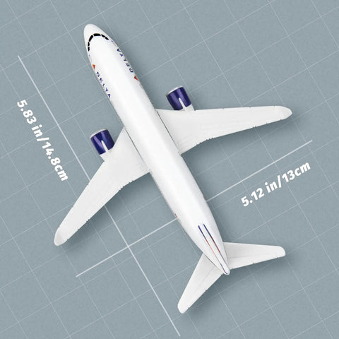 Top view of Delta Airplane Miniature Model For Display, alloy die-cast, with measurements 5.83 inch length and 5.12 inch wingspan.