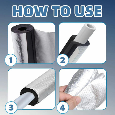 Self-Adhesive Pipe Insulation Foam Tubes 20 Pack, 1.31 Ft Each, 0.59 Inch Thick, easy installation steps around spigots and pipes.