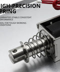 Close-up of 12V DC Push-Pull Solenoid Actuator With 8N Force, 10mm Stroke, Open Frame Linear Electromagnet with precision spring