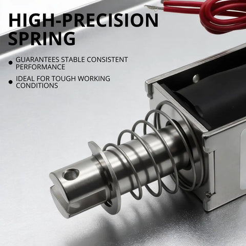 Close-up of 12V DC Push-Pull Solenoid Actuator With 8N Force, 10mm Stroke, Open Frame Linear Electromagnet with precision spring