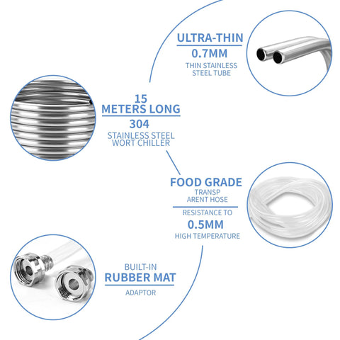 Front view: BACOENG 1/2 in x 50 ft wort chiller coil, 304 SS tubing, ultra-thin 0.7 mm, rubber mat adaptor.