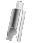 Silver RV water heater pressure valve remover tool with square-drive top