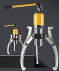 Shop Grade Manual Bearing Puller Kit With 5 Ton Hydraulic Strength, heavy duty gear extractor with yellow handle and steel arms.