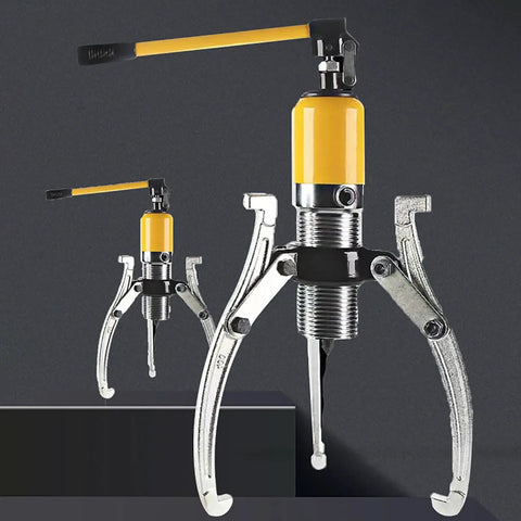 Shop Grade Manual Bearing Puller Kit With 5 Ton Hydraulic Strength, heavy duty gear extractor with yellow handle and steel arms.