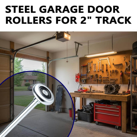 Close-up of Ten Pack Nine-Inch Long Stem Steel Garage Door Rollers, Commercial Grade Heavy-Duty Replacement for Two-Inch Track.