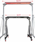 Beefy Portable Gantry Crane 2000 Lbs Lift Capacity Ten Point Five Feet Wide Adjustable Gantry With Electric Hoist shown front view