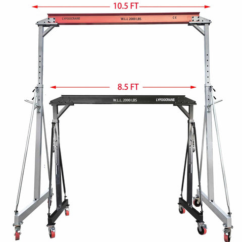 Beefy Portable Gantry Crane 2000 Lbs Lift Capacity Ten Point Five Feet Wide Adjustable Gantry With Electric Hoist shown front view