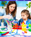 Adult and child using Totally Epic 37 Piece Kids Science Kit With Beakers Test Tubes Droppers Magnifier Safety Glasses And Stand For Experiments Busy Hands Learning Gift For Ages 3 And Up; hands-on experiment scene.