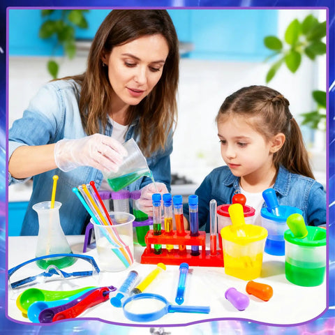 Adult and child using Totally Epic 37 Piece Kids Science Kit With Beakers Test Tubes Droppers Magnifier Safety Glasses And Stand For Experiments Busy Hands Learning Gift For Ages 3 And Up; hands-on experiment scene.