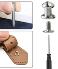 75 Pack Round Head Button Studs And Chicago Screws With Sleek Zinc Alloy Heads For Heavy Duty Leather Crafting Apparel Fix Ups And Purse Repairs A Hella Solid Hardware Kit That Tops Off Your Diy Projects And Locks Seams Tight showing application and tools.