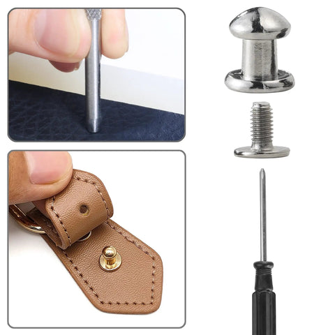 75 Pack Round Head Button Studs And Chicago Screws With Sleek Zinc Alloy Heads For Heavy Duty Leather Crafting Apparel Fix Ups And Purse Repairs A Hella Solid Hardware Kit That Tops Off Your Diy Projects And Locks Seams Tight showing application and tools.