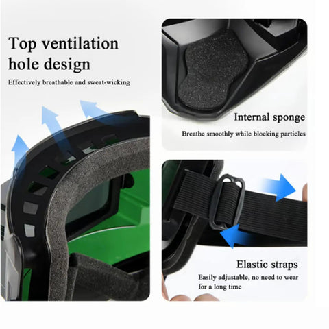 Auto Darkening Welding Helmet With Detachable Face Shield And Big View Window showing top ventilation, sponge, and straps