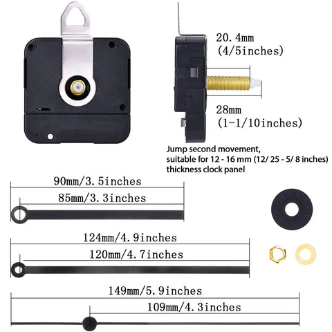 28 Mm Long Shaft Quartz Clock Movement Replacement Kit With Metal Hook For DIY Clock Repair Black Finish Jump Second Fits 12 To 16 Mm Openings Durable Clock Parts