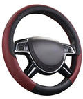 Rhombus Microfiber Leather Steering Wheel Cover Universal Fit For Car Suv Truck Van With Padded Sides And Slick Grip In Black And Burgundy, close-up view.