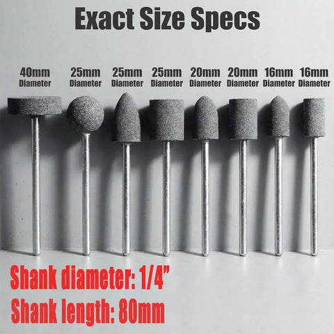 Extra Long 1/4 Inch Shank Aluminum Oxide Grinding Stones Set of 8 for Rotary Tools and Drills with various sizes and shapes