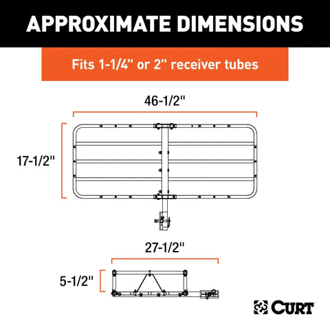 Diagram of Heavy Duty Cargo Basket Hitch Carrier For SUV And Truck, 500 Lb Capacity, 46.5 x 17.5 x 5.5 Inch dimensions.