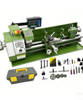 Shop Grade Benchtop Metal Lathe With Dual Chucks For Long Shafts Tubes 1100W Brushless Motor showcasing precision tools and parts.