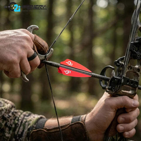 Archer holding a bow with arrows featuring white high performance arrow fletching vanes with Tri Fusion adhesion technology for target archery 2.5 inch length 36 pack top notch accuracy and inflight stability for competitive shooters.