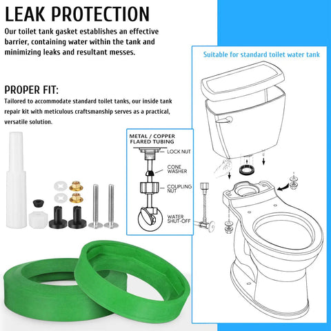 Heavy Duty Toilet Tank To Bowl Gasket And Bolt Kit Made From Premium NBR Rubber For Easy Leak-Proof Fixes And Simple Rear Installation Jobs. green gasket and bolts for standard toilet tank leak repair