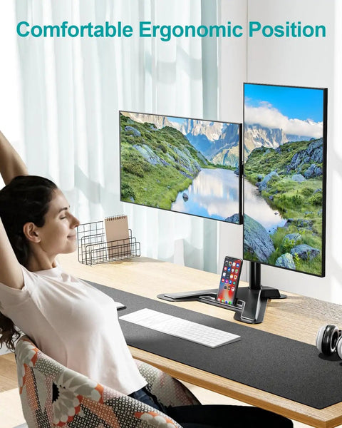 Dual Monitor Stand For 13 To 27 Inch Screens, Free Standing Full Motion Desk Mount With Boss Level Adjustability on desk