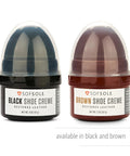 Black Leather Shoe Creme That Polishes And Protects Smooth Leather Keeps Your Kicks Looking Fresh And Shiny For Everyday Wear Long Lasting Gloss For All Your Shoes, two containers, black and brown shoe cremes, 2 oz each