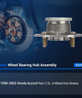 Rear Wheel Hub And Bearing Assembly 512178 For Honda Accord 1998 1999 2000 2001 2002 2.3L With ABS Four Lug Flange Diameter 5.98 Inches Bolt Circle 4.5 Inches Replacement Part Ready To Roll shown in side view with installation context.