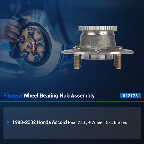 Rear Wheel Hub And Bearing Assembly 512178 For Honda Accord 1998 1999 2000 2001 2002 2.3L With ABS Four Lug Flange Diameter 5.98 Inches Bolt Circle 4.5 Inches Replacement Part Ready To Roll shown in side view with installation context.