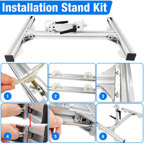 Installation stand kit for heavy duty 24V telescopic linear actuator with adjustable stroke, showing assembly details and components.