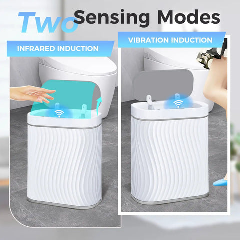 Touchless Motion Sensor Trash Can With Lid Slim 2.6 Gallon Waterproof Garbage Bin showing two sensing modes: infrared and vibration