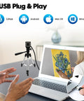 12MP USB Camera With Light For Crisp 4K Streaming And No Fuss Ultra Smooth 1080P 120fps Recording IMX577 Low Light Sensor Plug And Play Compatible With Lightburn Windows Mac Linux Android connected to a laptop on a table.