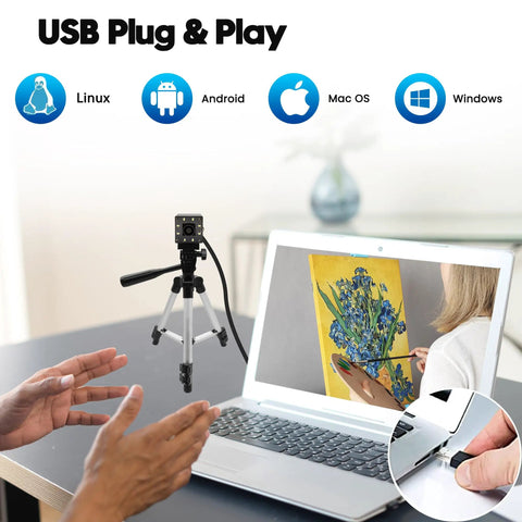 12MP USB Camera With Light For Crisp 4K Streaming And No Fuss Ultra Smooth 1080P 120fps Recording IMX577 Low Light Sensor Plug And Play Compatible With Lightburn Windows Mac Linux Android connected to a laptop on a table.