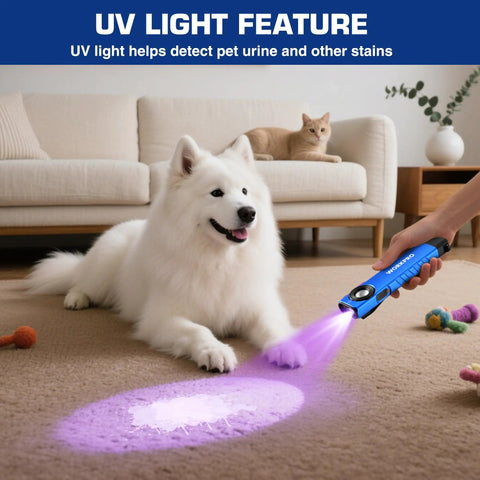 Rechargeable Pocket Flashlight With Dual Led And Cob, Uv Light, 600 Lumens, Magnetic Base, illuminating pet stain on carpet
