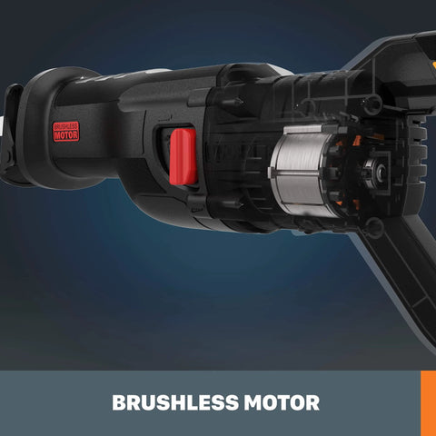 Close-up of Nitro 20V Power Share Pro Cordless Reciprocating Saw with Brushless Motor 4.0Ah Battery for wood metal PVC