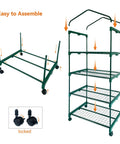Assembly process of the 4 Tier Portable Greenhouse Kit with Casters and Roll Up Zipper PE Cover, showing steel frame and wheel locks.