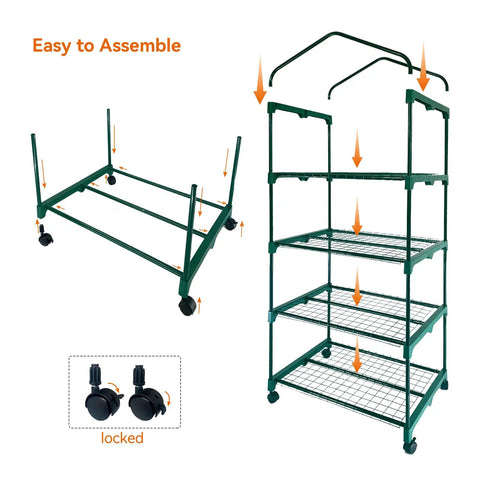 Assembly process of the 4 Tier Portable Greenhouse Kit with Casters and Roll Up Zipper PE Cover, showing steel frame and wheel locks.