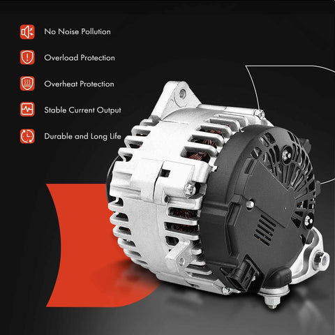 Beefed-Up 130A 12V Alternator For Nissan Frontier Armada Pathfinder Titan Xterra Suzuki Equator And Infiniti QX56 2007-2019 4.0L 5.6L With CW 7 Groove Pulley shown from side angle with protective features listed.