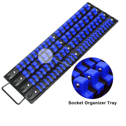 Heavy Duty Socket Organizer Tray Two Pack For One Quarter Inch, Three Eighths Inch, And One Half Inch Sockets, blue clips