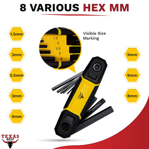 Folding Hex Key Set with Metric and SAE Allen Wrenches, visible size markings, compact black design with S2 finish.