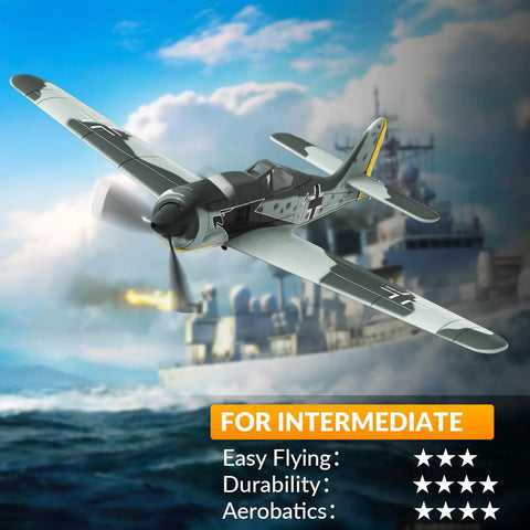 FW190 Fighter Remote Control RC Plane Dope Stability For Beginners And Pros flying over ocean with warship in background.