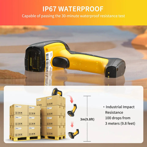 Rugged Industrial Bluetooth Barcode Scanner With Charging Dock, 2D And 1D Wireless Reader showing IP67 waterproof feature and impact resistance.