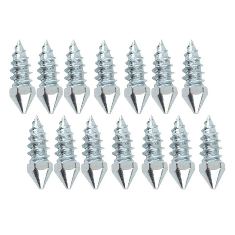 Heavy Duty Winter Tire Spikes With Solid Tungsten Steel Tips And Rugged Aluminum Construction M8 Thread 100 Piece Set, 12 metal spikes shown