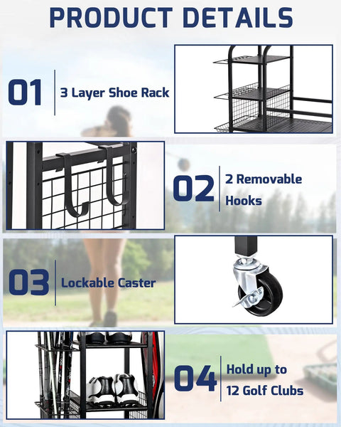 Garage Golf Storage Rack For Three Bags Keeps Clubs Balls Shoes And Gear Neatly Organized Heavy Duty Golf Equipment Organizer with shoe rack, hooks, caster, club holders