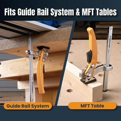 Two Pack Quick Release Ratcheting Table Clamps For MFT And Guide Rail System 7 Inch Opening And 2 And 3 Eighths Inch Throat Depth heavy-duty clamp on guide rail and MFT table