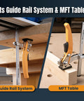 Tough As Nails Quick Release Ratcheting Table Clamps 2 Pack For MFT And Guide Rail Systems in use on a workbench.