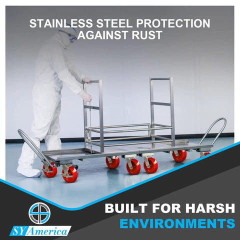 Heavy Duty 5 By 2 Inch Stainless Steel Caster With Red Solid Polyurethane Wheel And 800 Lbs Capacity Single Swivel Industrial Caster on a cart.